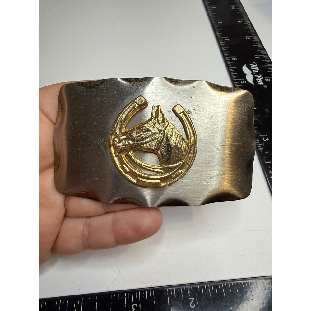Western Horse Head Horseshoe Belt Buckle Silver Gold Tone Scalloped Edge 513